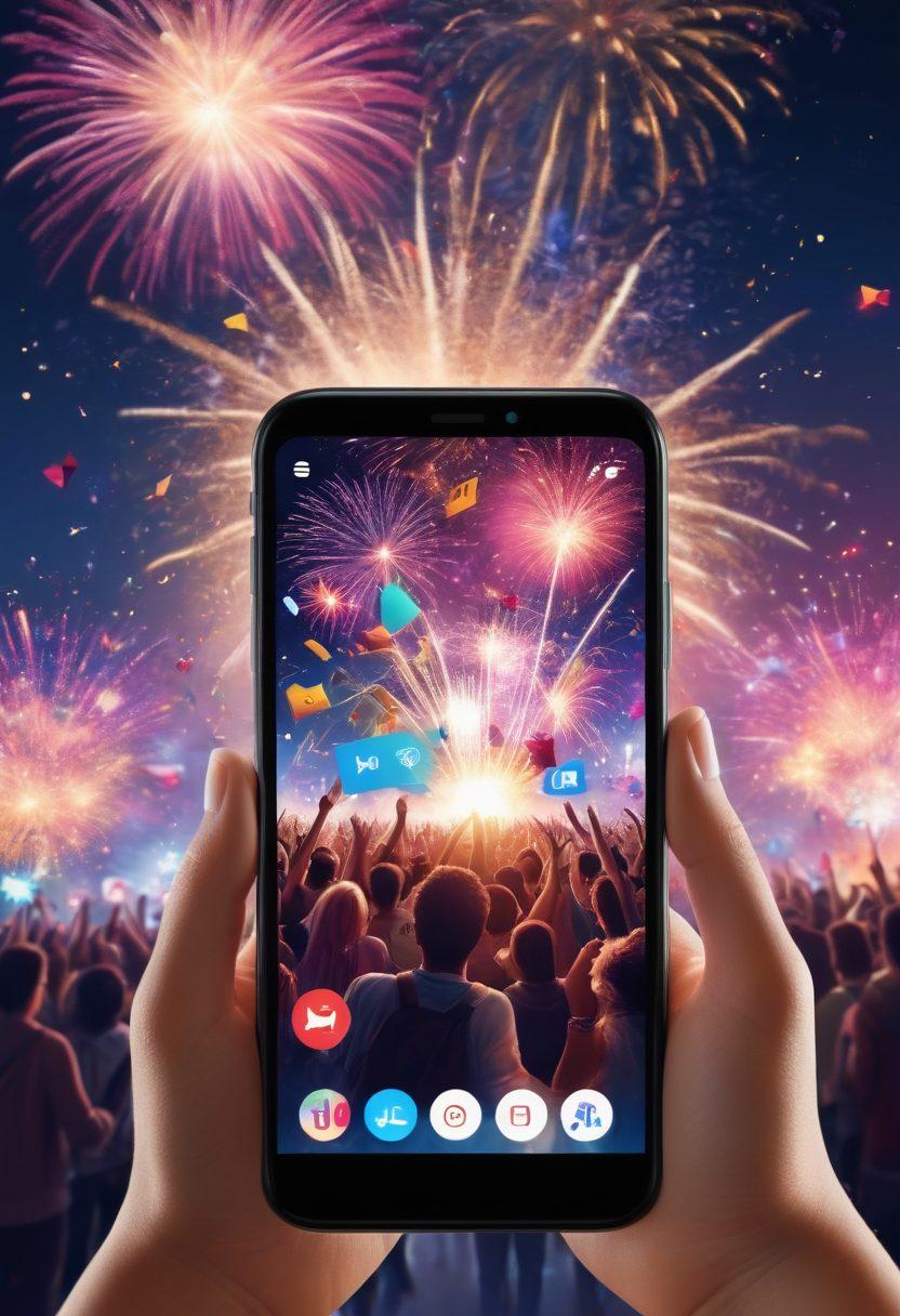 A dynamic collage showcasing vibrant social media icons exploding outward, with clips of exciting video content like gaming, music, and live events. In the foreground, a person holding a smartphone, animatedly sharing a video with friends, while fireworks and confetti fill the background to convey energy and excitement. super-realistic. vibrant colors. 3D.