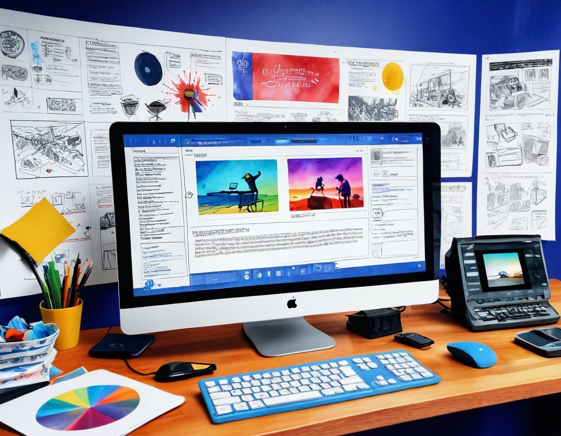 A dynamic illustration depicting the journey of crafting viral video clips, featuring a creative workspace with a storyboard, camera equipment, and a computer displaying video editing software. In the background, vibrant scenes of different viral video concepts like dance challenges, cooking tutorials, and humorous skits are in motion. The composition should convey excitement and creativity in video production. watercolor style. vibrant colors. artistic blend.